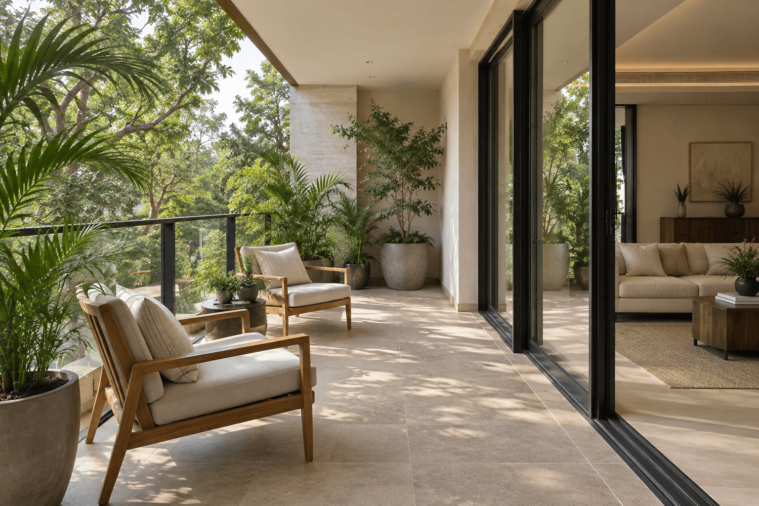 Illustrative planted balcony with timber lounge chairs and a shaded seating area