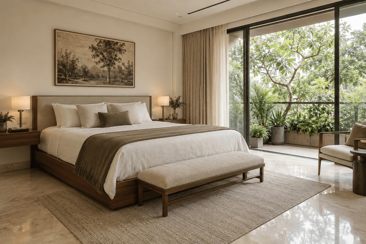 Illustrative bedroom with soft linen and generous windows looking onto trees