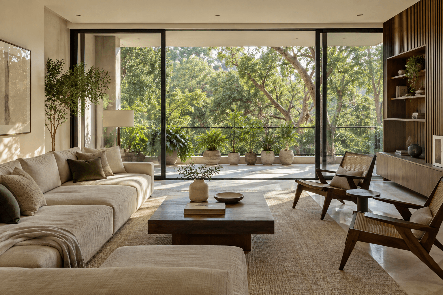 Illustrative living room with linen seating, walnut furniture and a leafy balcony